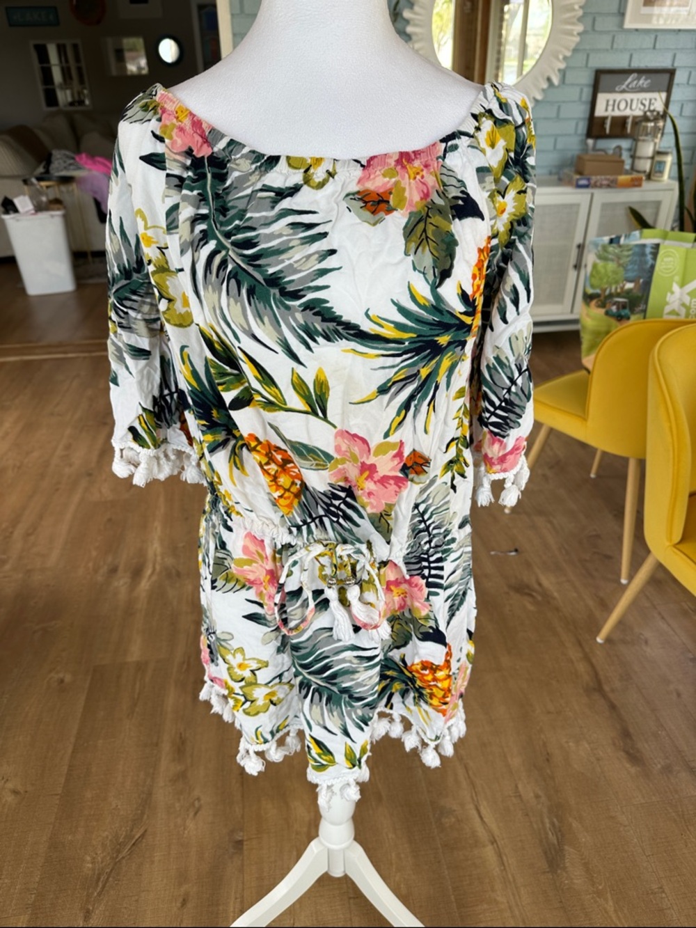 Tropical Floral Off-Shoulder Swimsuit Cover in White, Green & Pink